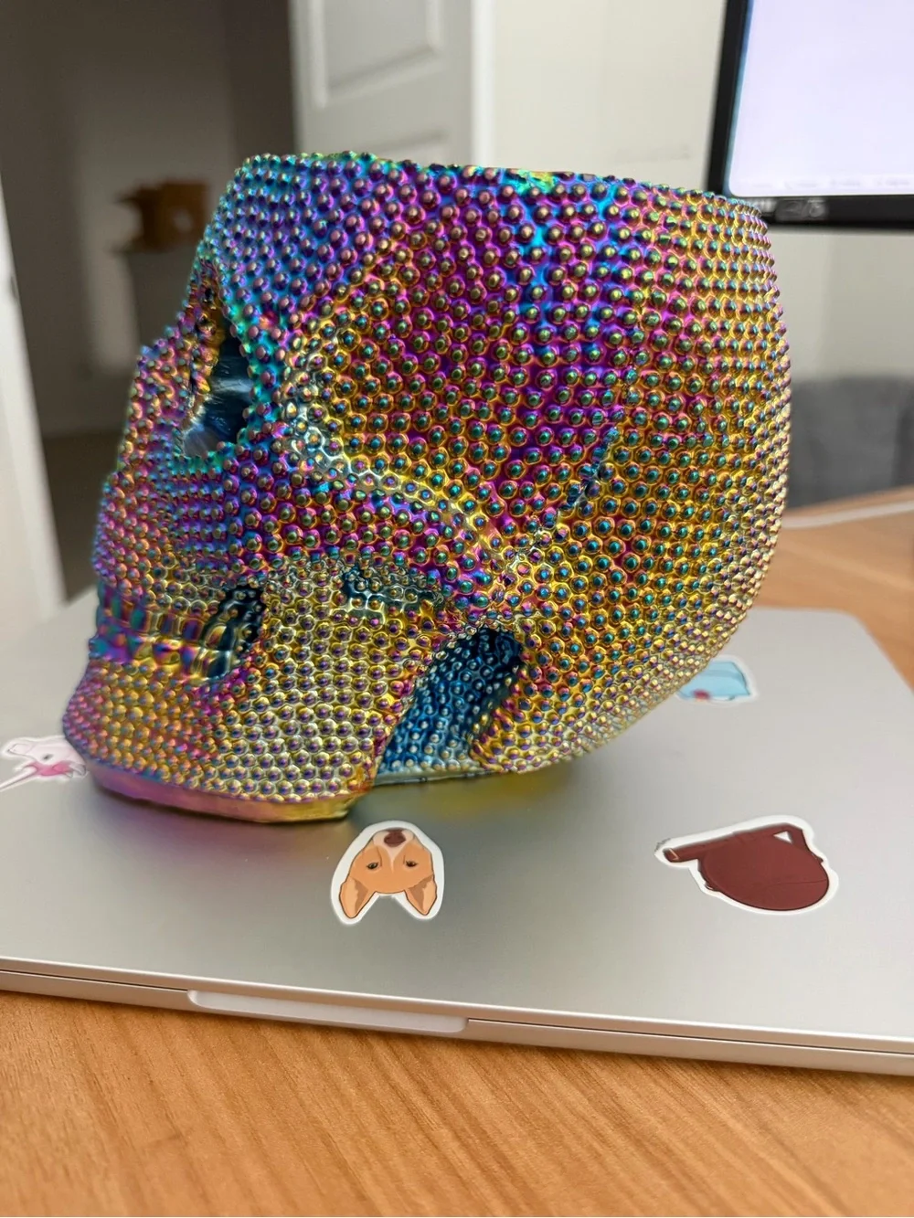 Iridescent Multicolor Bejeweled Skull Sculpture - makeup brush holder
